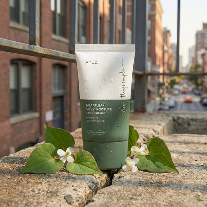 Tube of Anua sunscreen with green leaves and white flowers on a concrete ledge with urban background