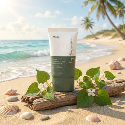 Anua sunscreen tube on a beach with palm trees and ocean in the background