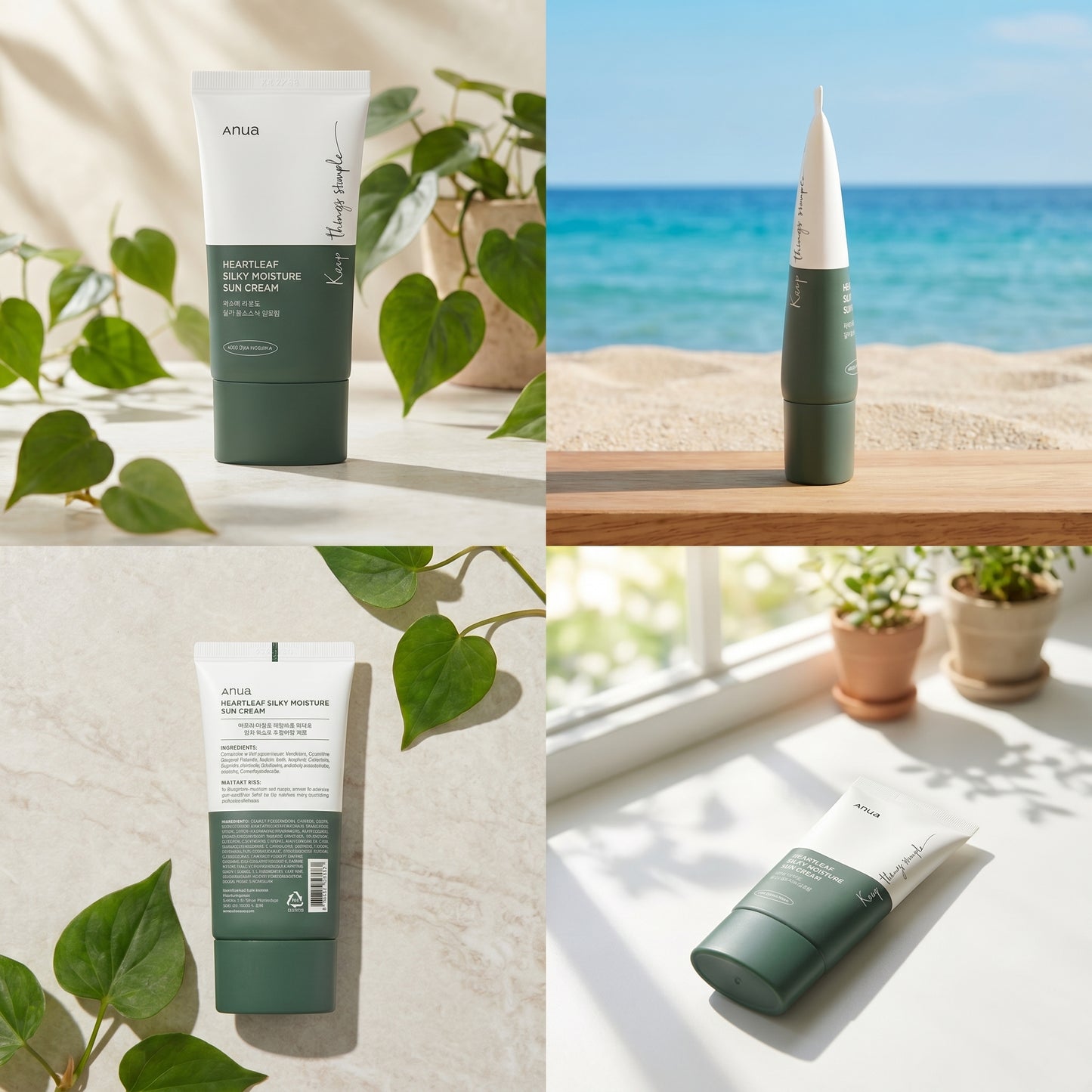 Collage of skincare products with natural elements like plants and a beach view.